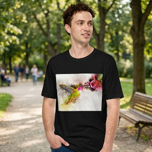 T-shirt Colibri buvant sur une fleur rose Aquarelle
