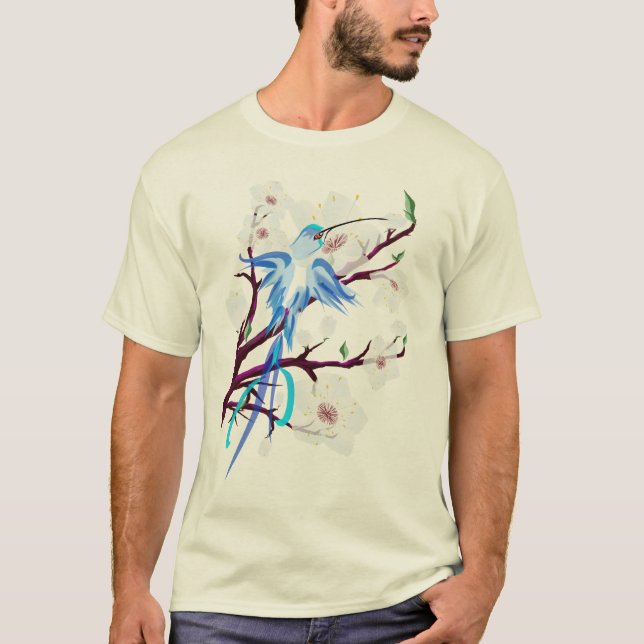 T-shirt Colibri et fleurs de cerisier bleus (Devant)