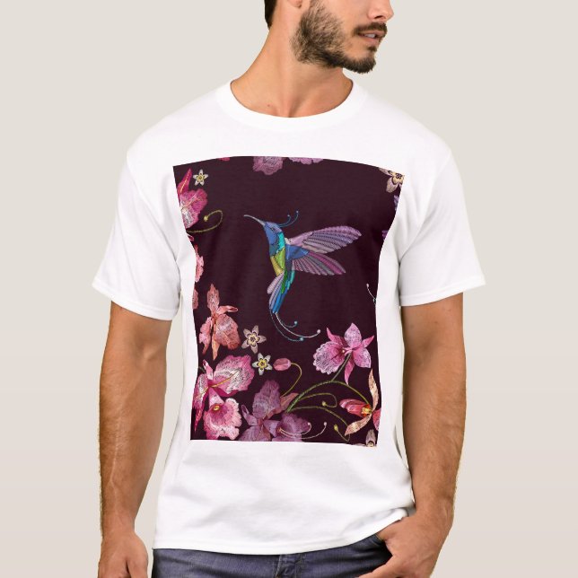 T-shirt Colibri et orchidée, mode sans couture tropicale. (Devant)