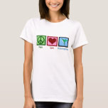 T-shirt Colibri Peace Love<br><div class="desc">Joli signe de paix et coeur rouge à côté d'un colibri mignon fait un grand cadeau pour un ornithologue qui aime les beaux oiseaux.</div>