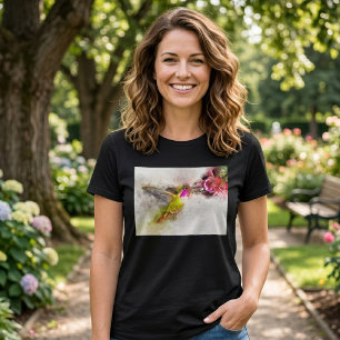 T-shirt Colibri se nourrissant sur une fleur rose Aquarell