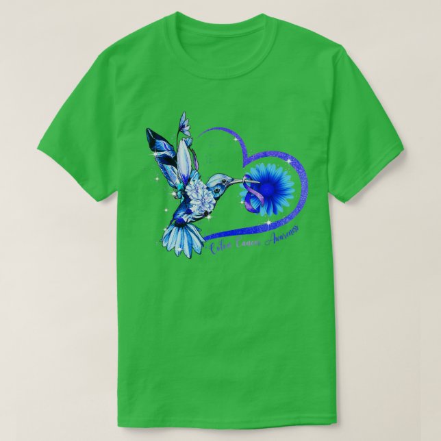 T-shirt Colibri Tournesol Bleu Ruban Colon Cancer Awa (Design devant)