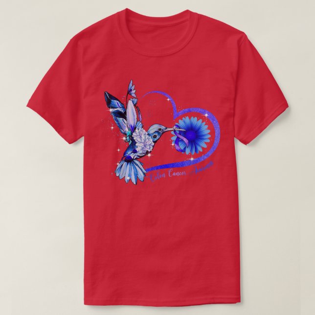 T-shirt Colibri Tournesol Bleu Ruban Colon Cancer Awa (Design devant)