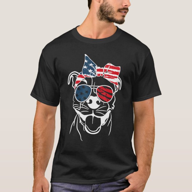 T-shirt Coll Patriot Pitbull dog With Glasses 4TH OF JULY (Devant)