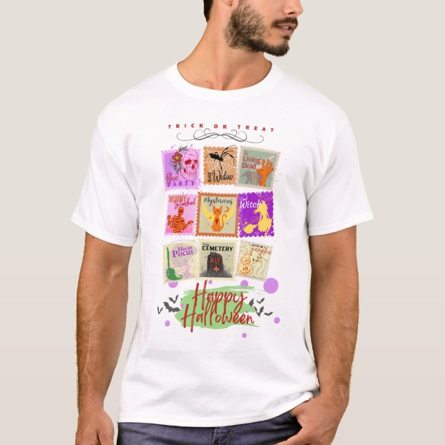 T-shirt Collections de timbres d'Halloween avec du texte s (Devant)
