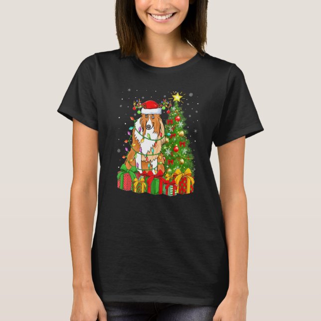 T-shirt Collie Chien Éclairage Xmas Arbre Santa Chapeau Co (Devant)