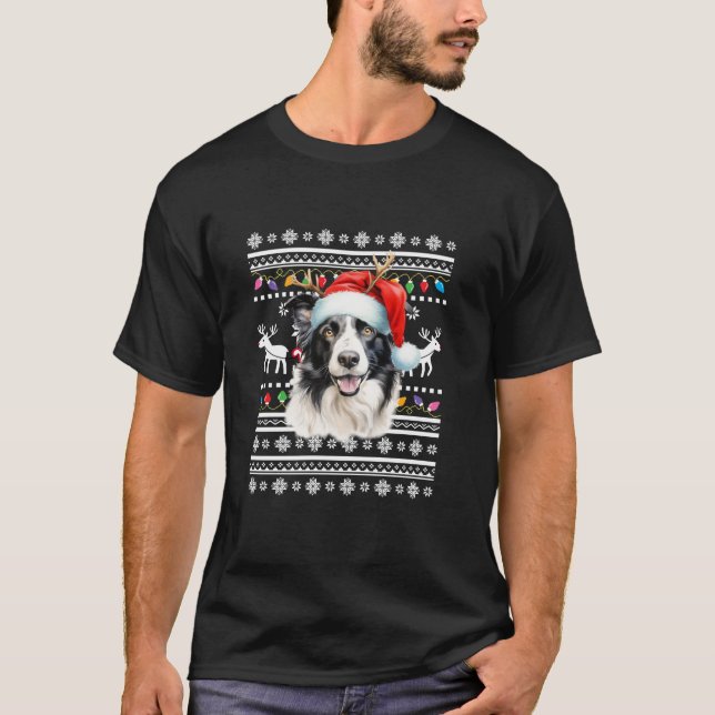 T-shirt Collie frontière moche Père Noël Christmas Lights  (Devant)