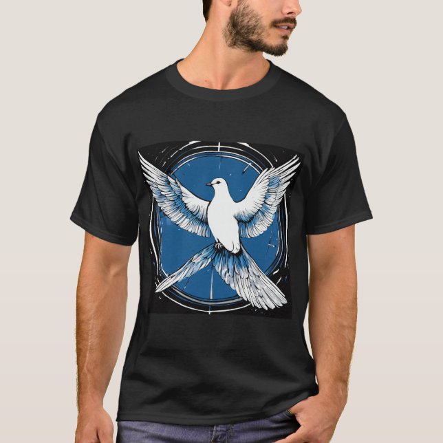 T-shirt colombe de paix, noir blanc bleu (Devant)