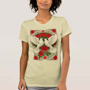 T-shirt Colombes blanches et roses rouges Art nouveau