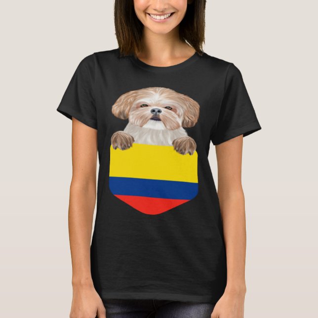 T-shirt Colombia Flag Shih Tzu Dog In Pocket (Devant)