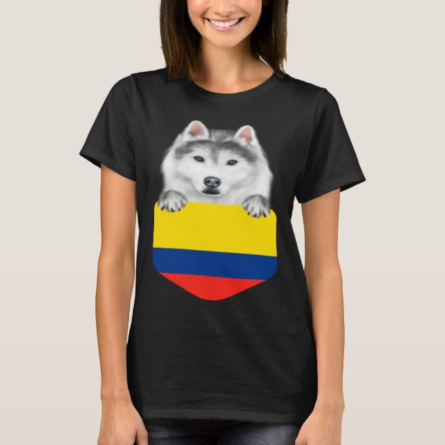 T-shirt Colombia Flag Siberian Husky Dog In Pocket (Devant)