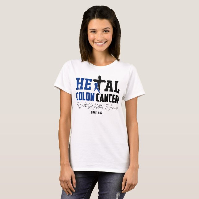 T-shirt Colon Cancer Christian Luke 1:37 Bleu foncé Ruban (Devant entier)