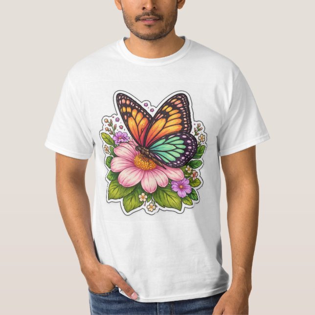 T-shirt Colorful Butterfly on Flower Pictoral nature (Devant)