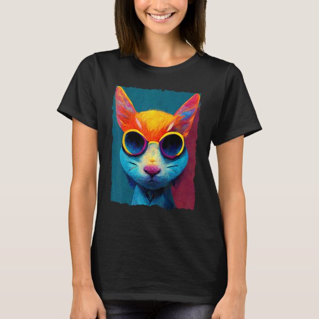 T-shirt Colorful Cat With Glasses (Devant)