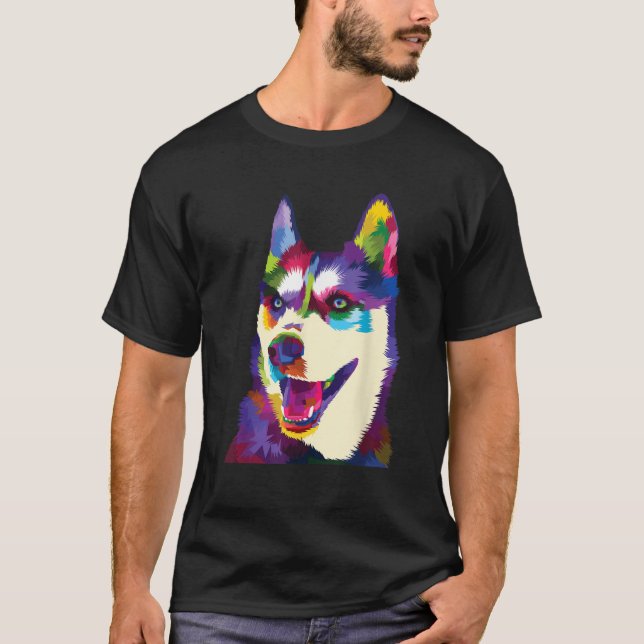 T-shirt Colorful Dog Rainbow Siberian Husky Puppy Vibrant  (Devant)