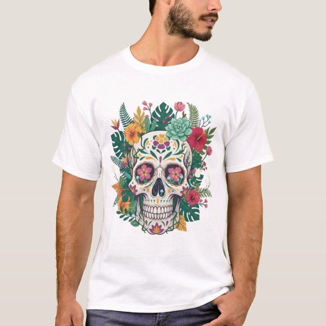 T-shirt Colorful Floral Sugar Skull Illustration (Devant)