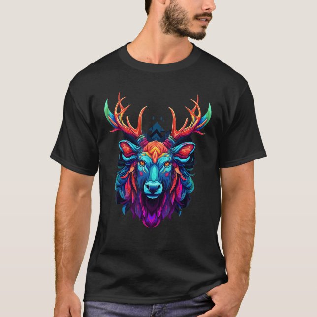 T-shirt Colorful Geometric Moose Elk Hunting Pop Animal (Devant)