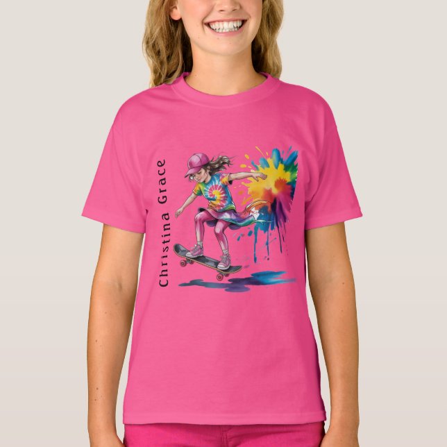 T-shirt Colorful Painted Girl Skateboarder Birthday Name (Devant)
