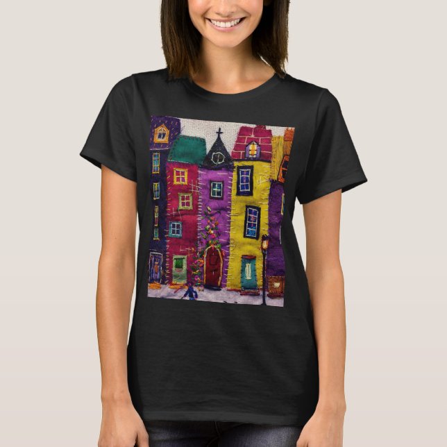 T-shirt Colorful Patchwork Houses Textile Art (Devant)