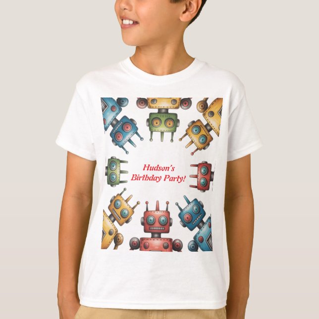 T-shirt Colorful Retro Robots Boy Birthday Party (Devant)