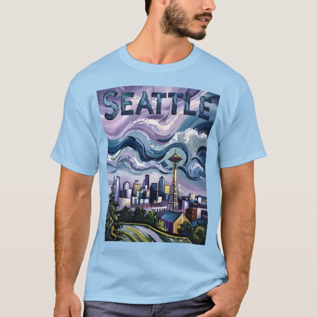 T-shirt Colorful Seattle Skyline Van Gogh Peinture Voyage (Devant)