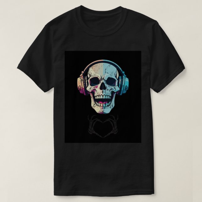 T-shirt Colorful Skull with Headphones & Heart (Design devant)