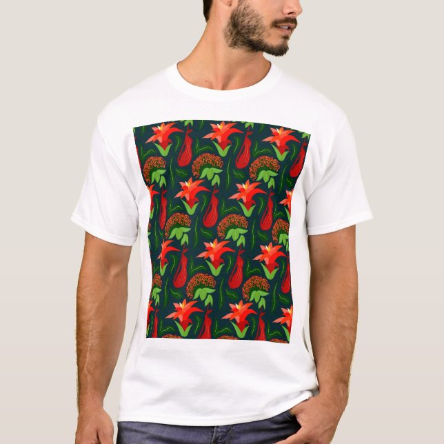 T-shirt Colourful Exotic Flowers Leaves Pattern-23187 (Devant)