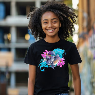 T-shirt Combattant siamois Betta Poisson Lotus Vagues Bleu