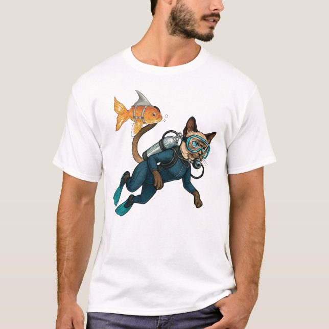 T-shirt Combinaison de plongée bleue Scuba Cat (Devant)