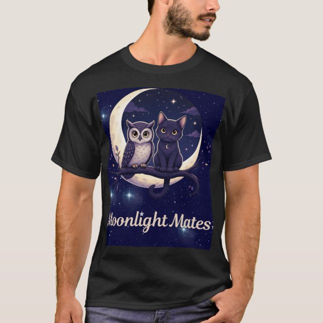 T-shirt Compagnons au Clair de Lune Chat Noir Mignon et Hi (Devant)
