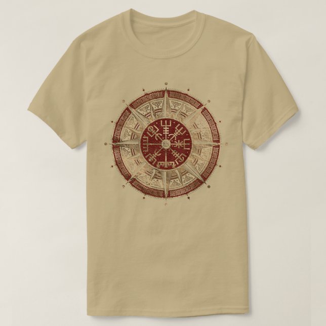 T-shirt Compas viking Vegvisir Noir et rouge Cuir et (Design devant)
