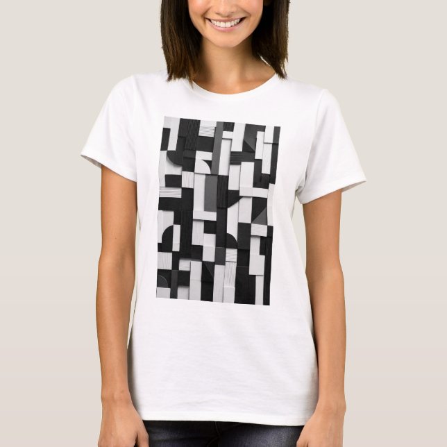 T-shirt Composition géométrique 3D abstraite en noir et bl (Devant)