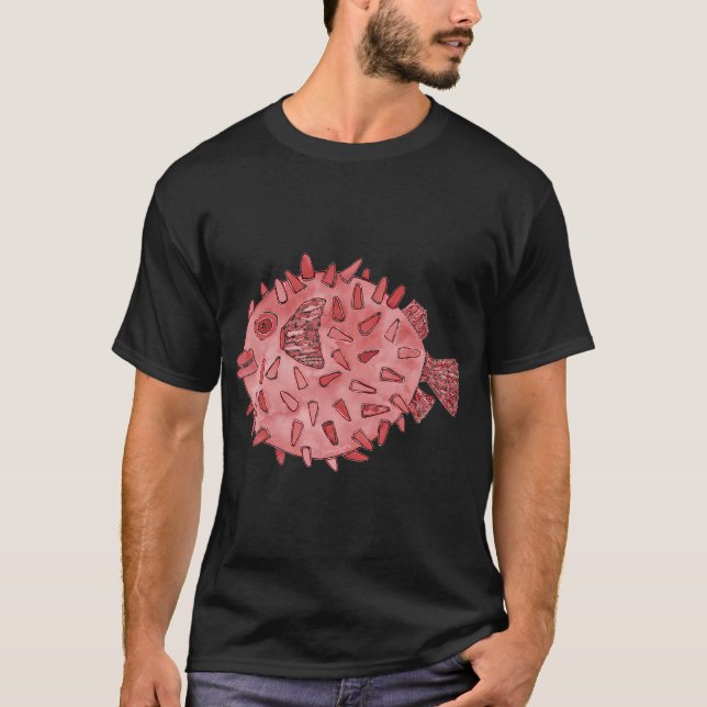 T-shirt Conception aquarelle de poisson-globe rouge doux (Devant)