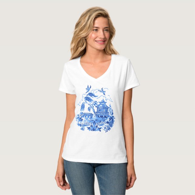 T-shirt Conception bleue bleue et blanche V de saule de la (Devant entier)