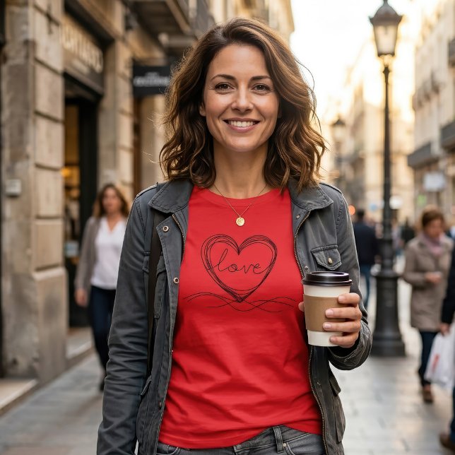 T-shirt Conception d'art en ligne continue de cœur avec am (Heart with Love Continuous Line Art Design. Women Basic Red T-Shirt)