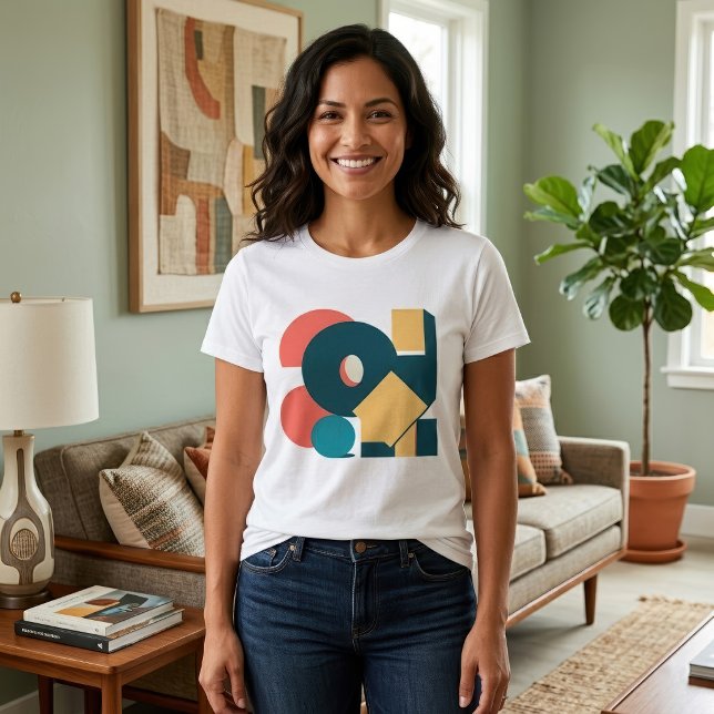 T-shirt Conception d'art géométrique abstrait rétro au ris (Retro Abstract Geometric Risograph Art Design. Women Basic White T-Shirt)