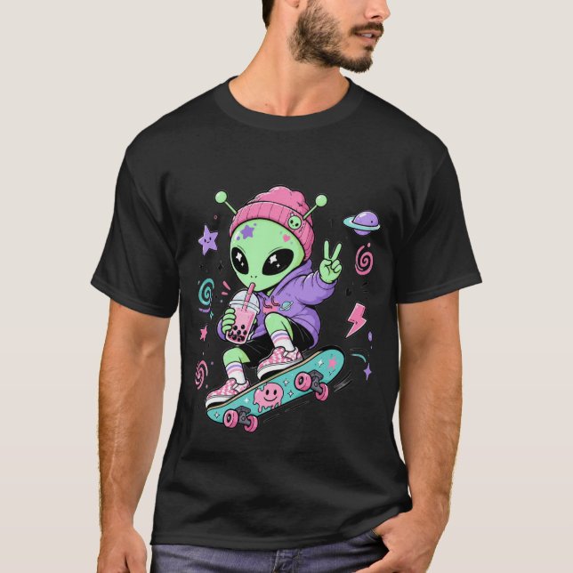 T-shirt Conception de Bubble Tea Alien Skateur Kawaii (Devant)