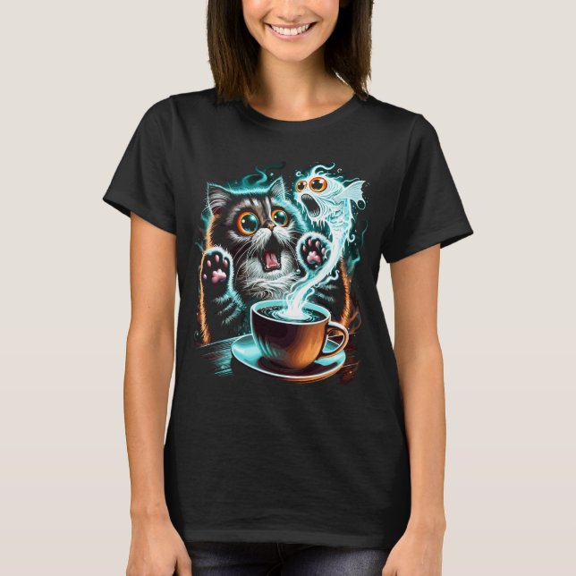 T-shirt Conception de chat effrayé hilarant et de poisson  (Devant)
