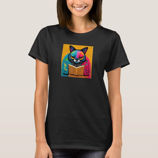 T-shirt Conception de chat lisant un livre (Devant)