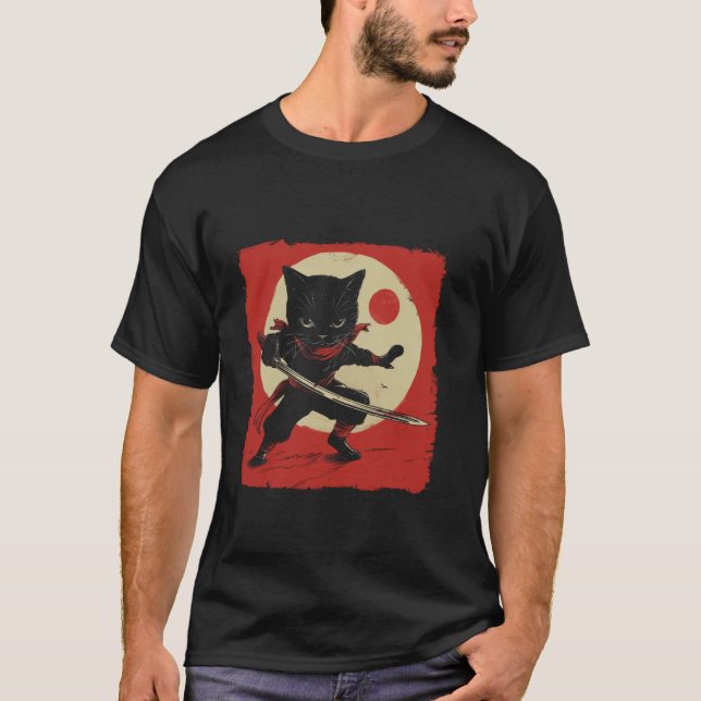 T-shirt Conception de chat samouraï de minuit (Devant)