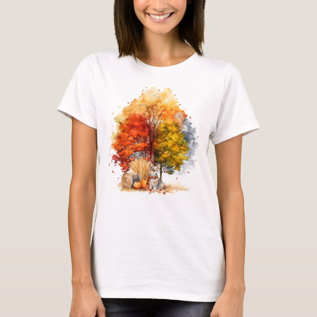 T-shirt Conception de chien d'automne à l'aquarelle - Corg (Devant)
