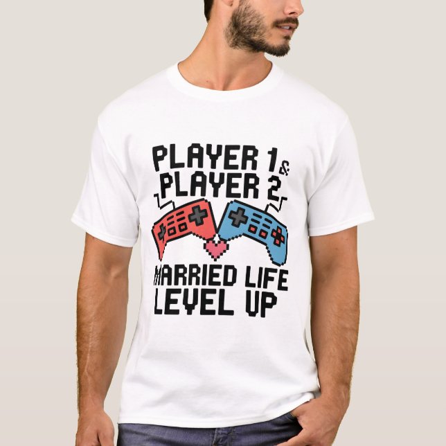 T-shirt Conception de couple de jeu Pixel Level Up (Devant)