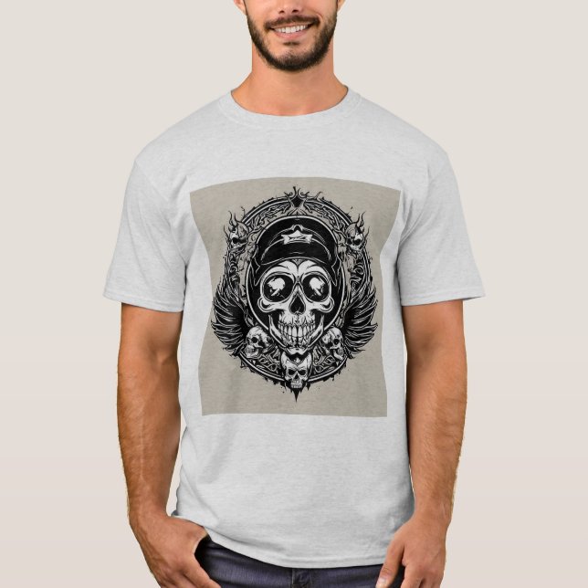 T-shirt Conception de crâne avec ailes et symboles (Devant)