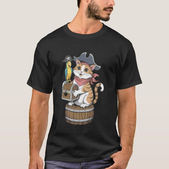 T-shirt Conception de crâne de chat pirate avec os croisés (Devant)