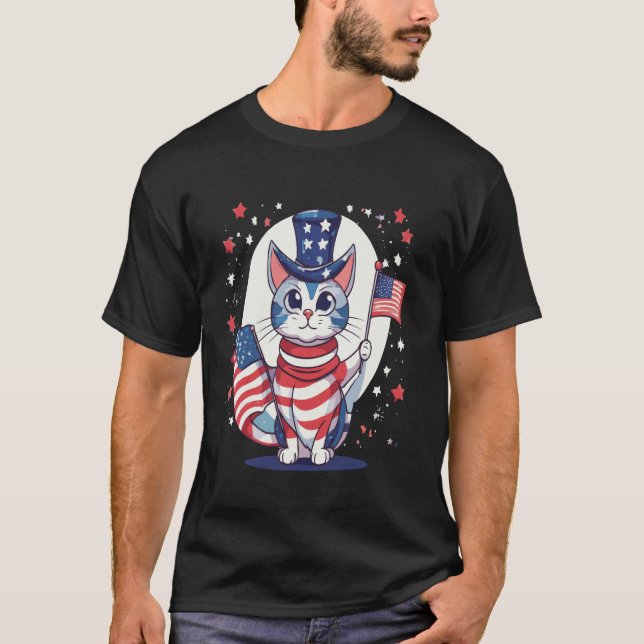 T-shirt conception de drapeau américain avec chat, célébre (Devant)