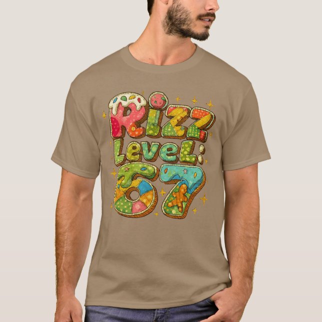 T-shirt Conception de joueur drôle niveau 67 Rizz patchwor (Devant)