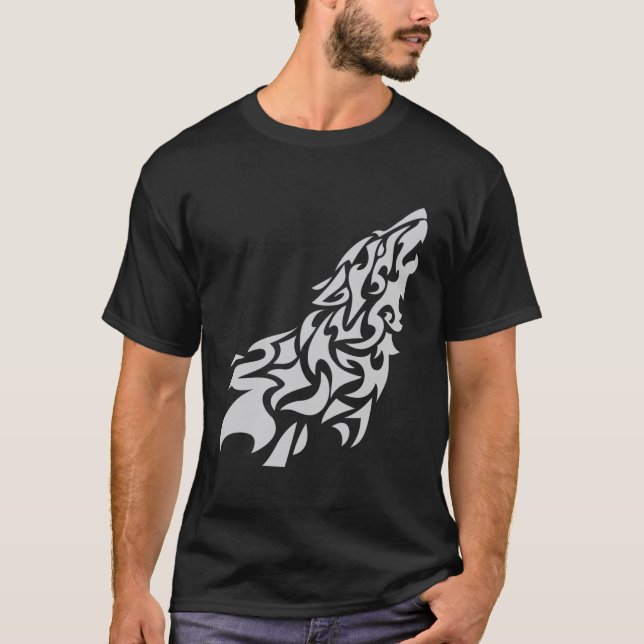 T-shirt Conception de loup hurlante de tribal - Art gras e (Devant)