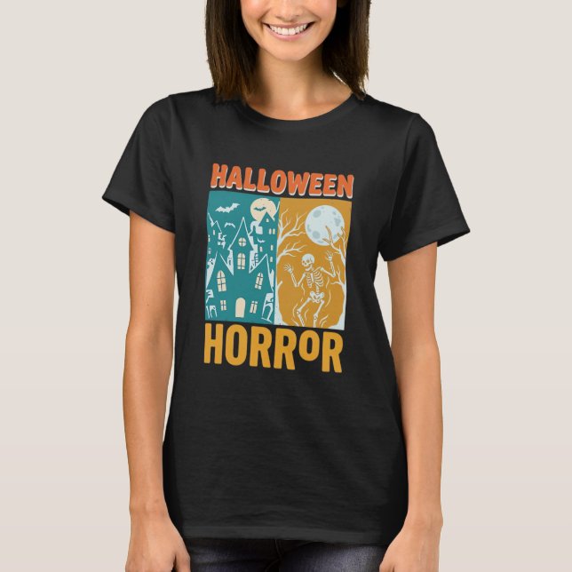 T-shirt Conception de maison hantée Halloween Lune squelet (Devant)