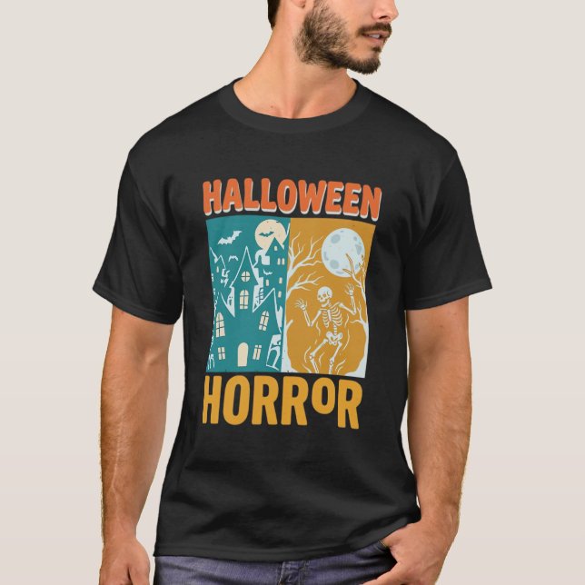 T-shirt Conception de maison hantée Halloween Lune squelet (Devant)