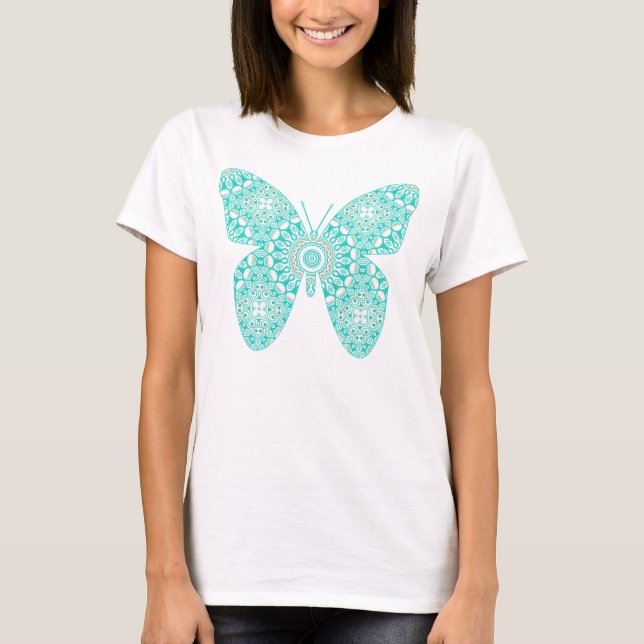 T-shirt Conception de papillon de mandala turquoise (Devant)